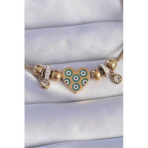 316L �elik Gold Renk Zirkon Ta�l� Nazarl� Kalp Tasar�ml� Bileklik