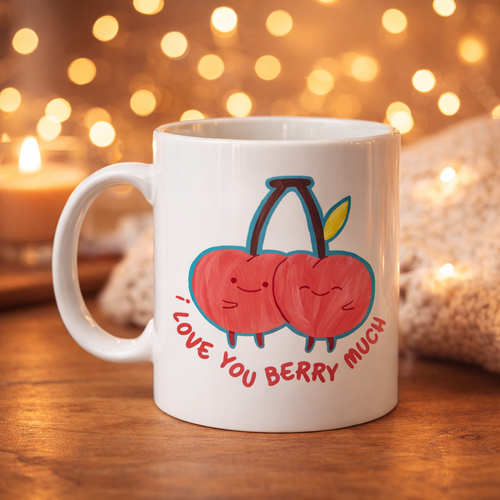I Love You Berry Much Tasar�ml� Kupa Model 12 Sevimli Kiraz Desenli Porselen Kahve Kupas� - Hediye Fincan�