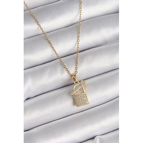 316L �elik Gold Renk Zincir Zirkon Ta�l� Asma Kilit Anahtar Model Kad�n Kolye