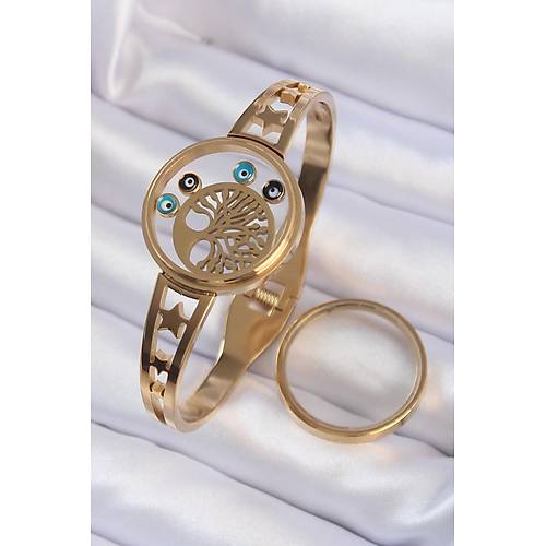 316L �elik Alt�n Renk ��i Ya�am A�ac� ve Nazar Boncuk Fig�rl� A��labilir Fanus Kelep�e