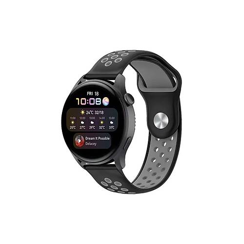 Watch 22mm Spor Delikli Kordon - Siyah-Gri