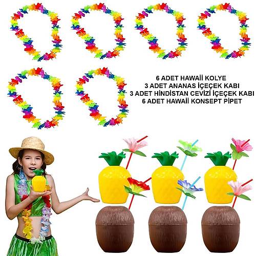 Tropikal Hawaii Parti Malzemeleri � Kolye, Pipet, Bardak Seti