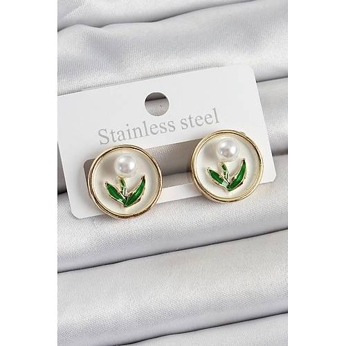 Pirin� Beyaz Mineli Lale Fig�rl� Sanatsal Portre Model Gold Renk Kad�n K�pe