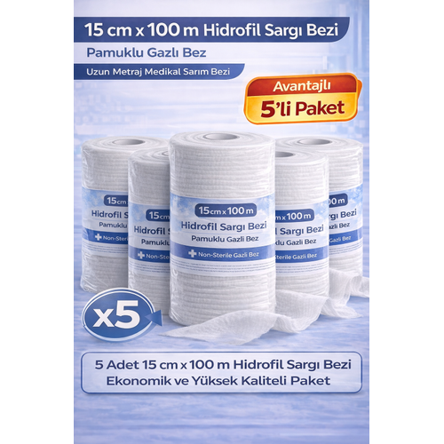 15 cm x 100 m Hidrofil Sarg� Bezi Pamuklu Gazl� Bez Uzun Metraj Medikal Sar�m Bezi 5 Adet
