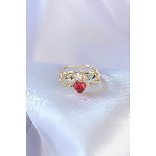 Gold Renk K�rm�z� Zirkon Ta� Kalp Model Pirin� Kad�n Y�z�k