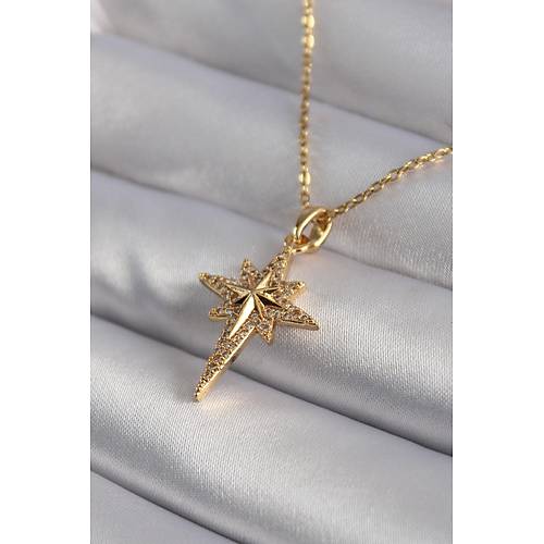 316L �elik Gold Renk Zirkon Ta�l� Kutup Y�ld�z� Model Kad�n Kolye