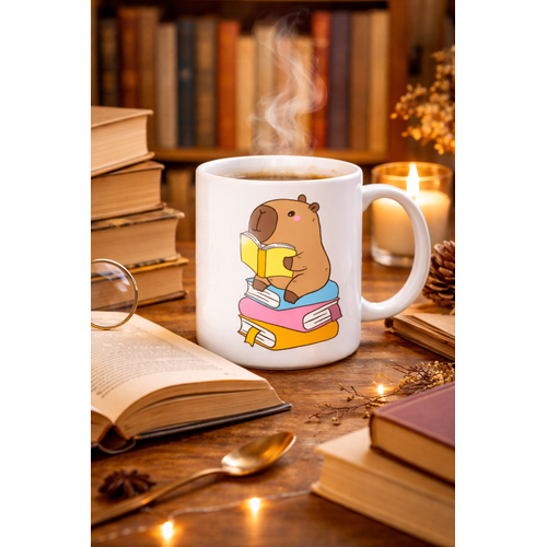 Kitap Okuyan Kapibara Tasar�ml� Porselen Kupa MODEL 100 � Kahve & �ay Keyfi ��in S�cac�k ve Sevimli Tasar�m CAPYBARA