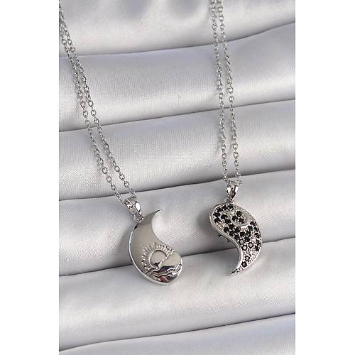 316L �elik G�m�� Renk Zincir Zirkon Ta�l� Ying Yang Model G�n Bat�m� ��lemeli Arakda�l�k Kad�n Kolye