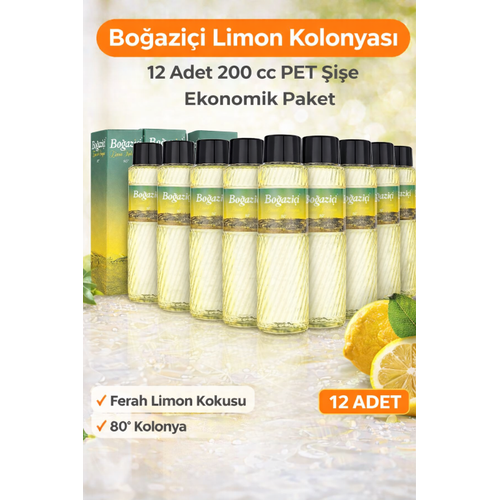 Bo�azi�i Limon Kolonyas� 200 cc PET �i�e 12 Adet 80� Limon Kokulu Kolonya Ekonomik �oklu Paket