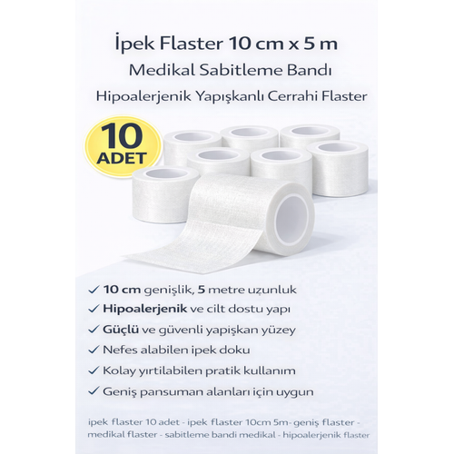 �pek Flaster 10 cm x 5 m 10 Adet Medikal Sabitleme Band� Hipoalerjenik Yap��kanl� Cerrahi Flaster
