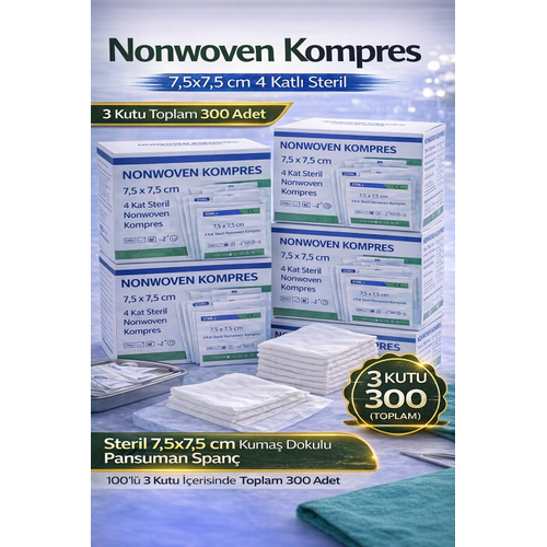 Nonwoven Kompres 7,5x7,5 cm 4 Katl� Steril 100 ADET Kuma� Dokulu Pansuman Span� 3 KUTU