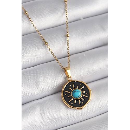 316L �elik Gold Renk Mavi Boncuk G�ne� ��leme Madalyon Model Kad�n Kolye