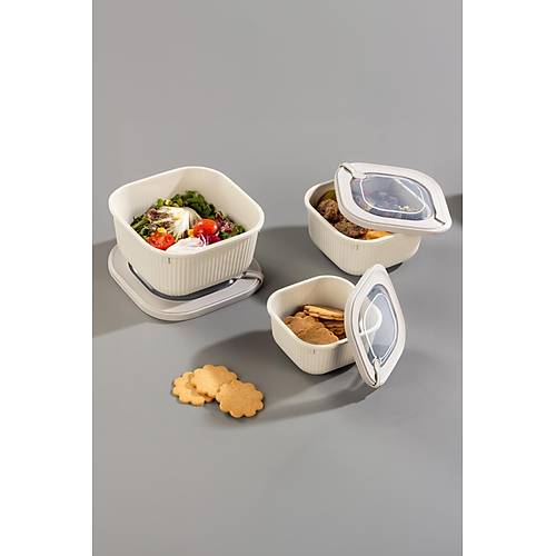 Kare 3 Par�a Vakumlu S�zd�rmaz Hava Almaz Saklama Kab� Seti Gri (1800/1100/600 Ml)