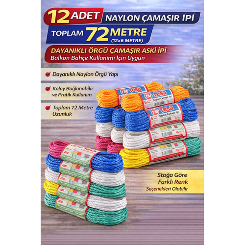 12 Adet Naylon �ama��r �pi 6 Metre Dayan�kl� �rg� �ama��r Ask� �pi Toplam 72 Metre