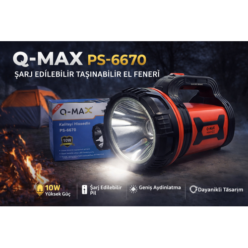 Q-Max PS-6670 �arj Edilebilir El Feneri 10W G��l� LED Ta��nabilir Uzun �m�rl� Projekt�r Fener