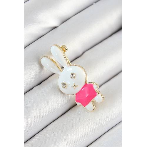 Zirkon Ta� Detayl� Beyaz Ve Pembe 3D Tav�an Fig�rl� Kad�n Bro�