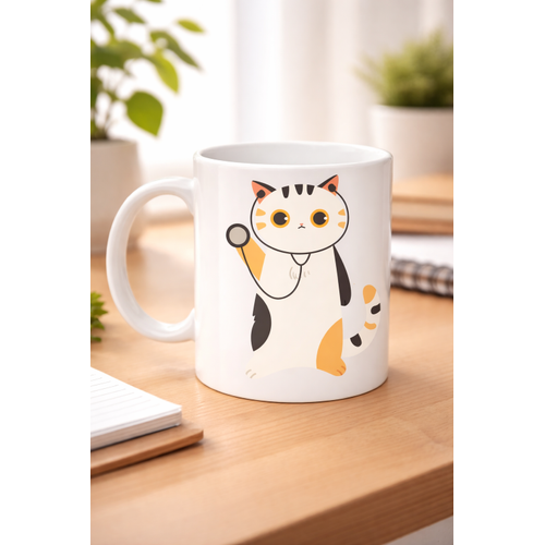 Veteriner Kedi Tasar�ml� Porselen Kupa MODEL 177 � Stetoskoplu Sevimli Kedi Kahve Kupas� � Veterinerlere ve Kedi Severlere Hediye