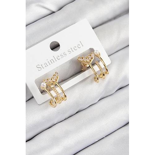 Pirin� Zirkon Ta�l� �nci Detayl� Bal�k Kuyru�u Model Gold Renk Kad�n K�pe