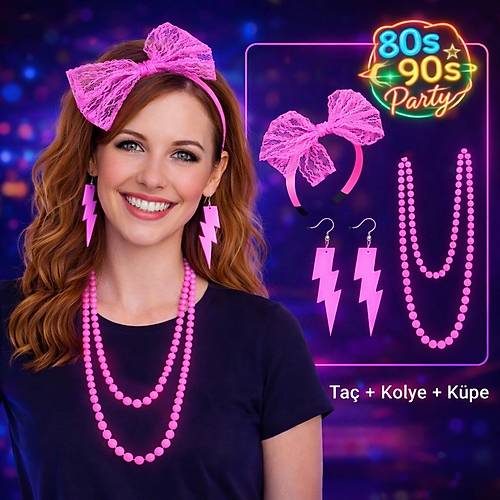80�ler 90�lar Neon Pembe Parti Seti � Kolye K�pe Ta�