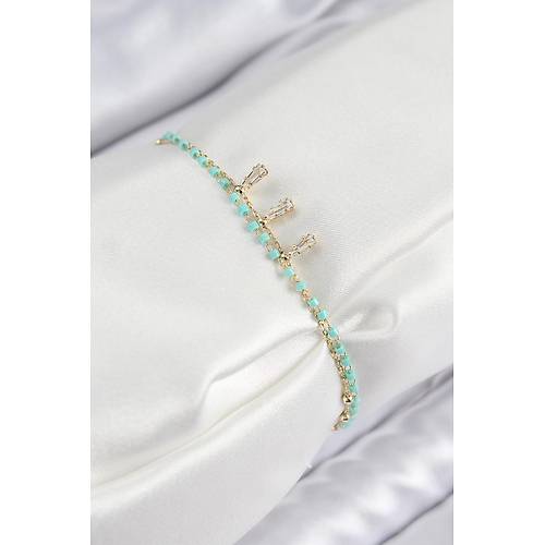 Pirin� Zirkon Ta�l� Mavi Boncuklu Model Gold Renk Kad�n Bileklik