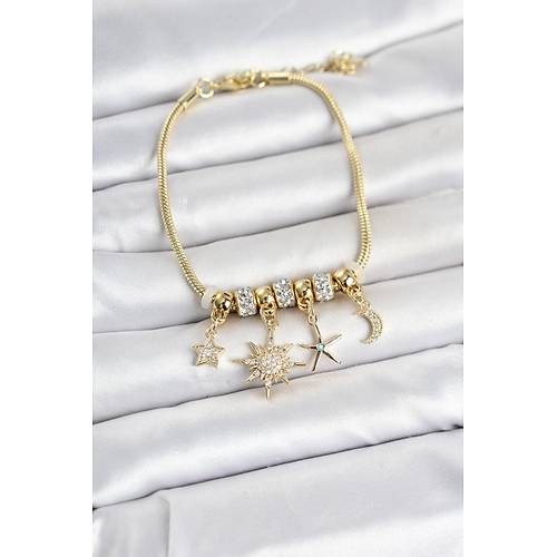 Pirin� Gold Renk Kutup Y�ld�z� Detayl� Charml� Kad�n Bileklik