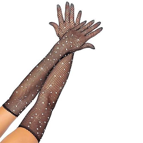 Siyah Renk �ncili Elmas ��lemeli File �rg� Uzun Eldiven 45 cm