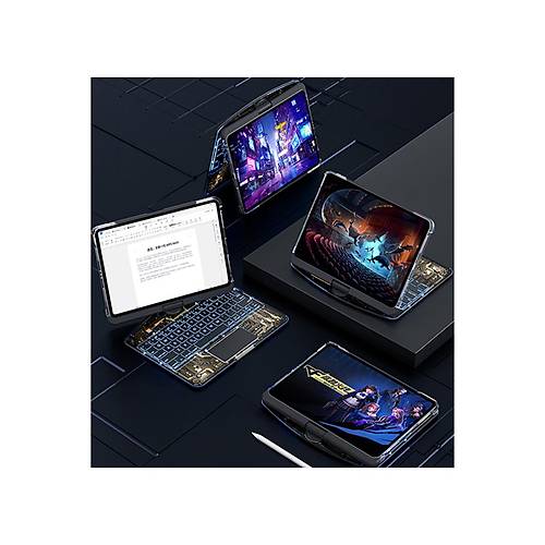 JP12.9 iPad Pro 12.9 (2022) K�l�f Vales D�nen Ledli Klavyeli Tablet K�l�f� - Siyah