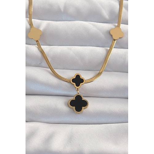 316L �elik Gold Renk �talyan Zincirli Mineli Yonca Kolye