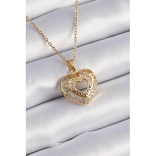 316L �elik Gold Renk Zirkon Ta�l� Kalp Model Vintage Kad�n Kolye