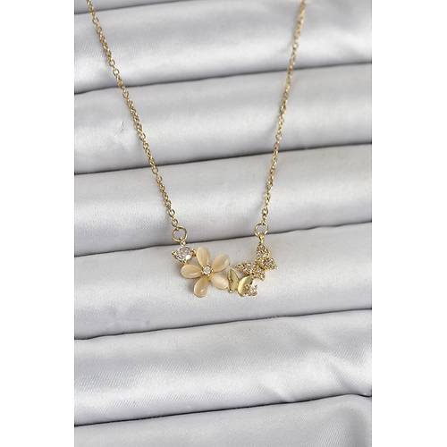316L �elik Zincir Gold Renk �i�ek ve Kelebek Model Kad�n Kolye