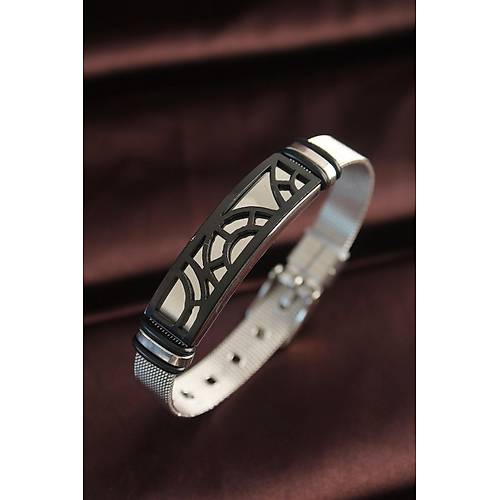 316L �elik Siyah Desenli Ayarlanabilir Has�r Kordonlu Bileklik
