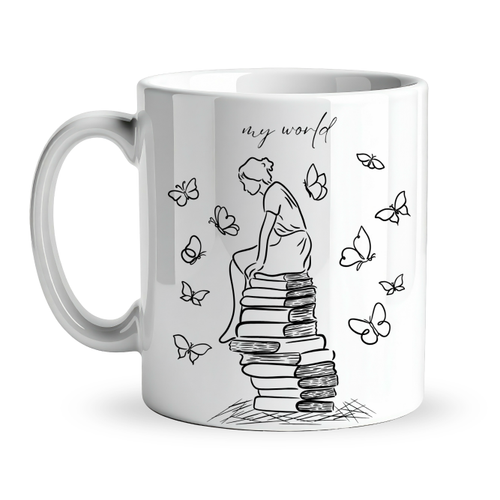 My World Kitap Temal� Tasar�m Kupa Model 225 Minimal Bask�l� Seramik Kahve Kupas�