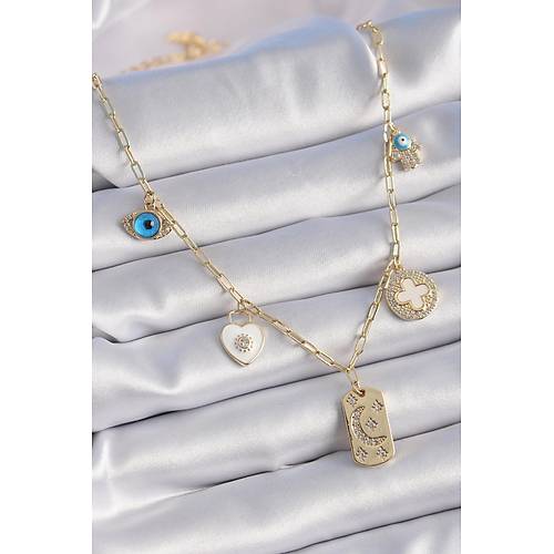 Gold Renk Zirkon Ta�l� �oklu Fig�r Model �ans Kolyesi