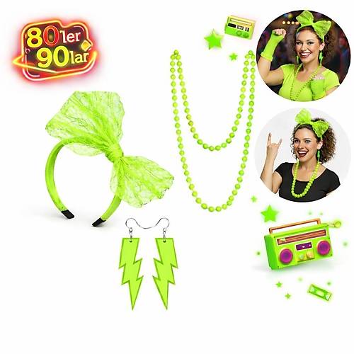80�ler 90�lar Neon Ye�il Parti Seti � Kolye K�pe Ta�