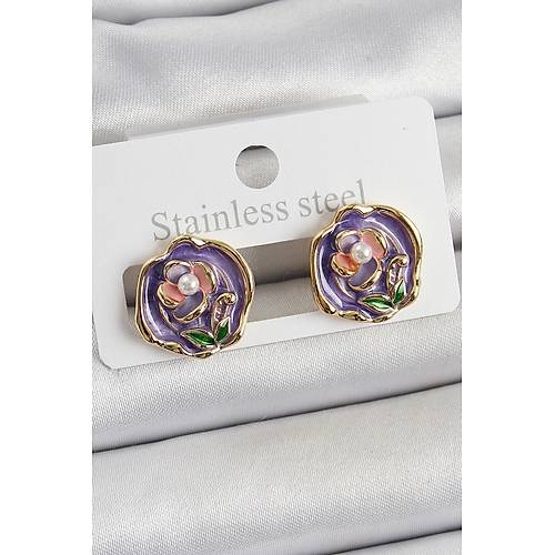 Pirin� Mor Mineli �i�ek Fig�rl� Sanatsal Portre Model Gold Renk Kad�n K�pe