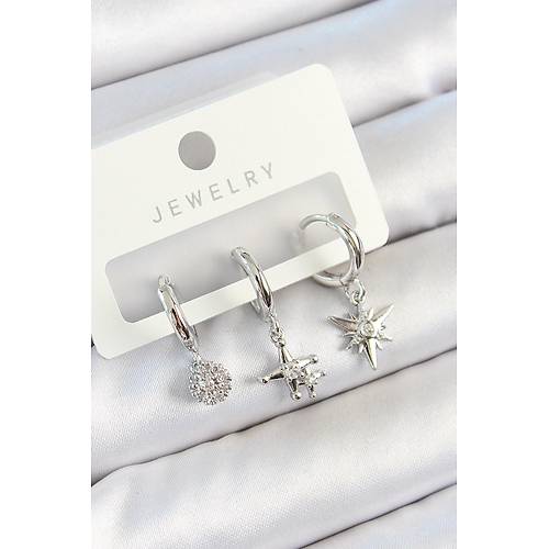 Pirin� Zirkon Ta�l� Kutup Y�ld�z� Model G�m�� Renk 3'l� �ift Kad�n K�pe Set