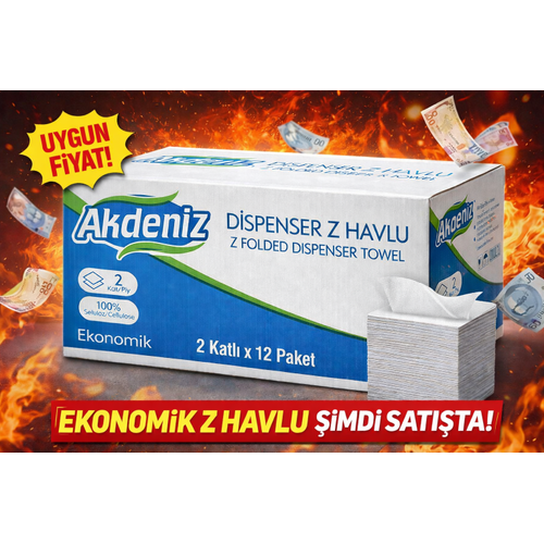 Akdeniz Dispenser Z Havlu 2 Katl� 12 Paket | %100 Sel�loz | Ekonomik Z Katl� Ka��t Havlu