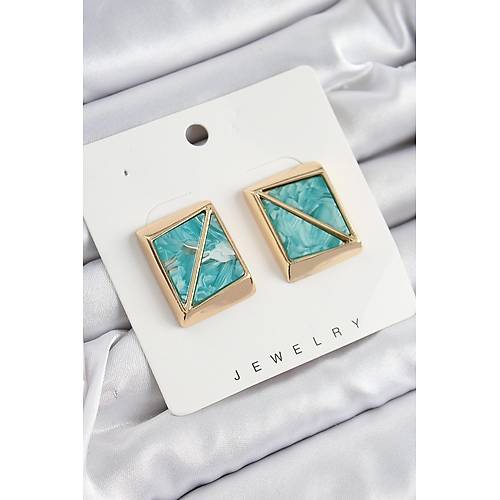 Pirin� Turkuaz ��gen Kesim Detayl� Kare Model Vintage Gold Renk Kad�n K�pe