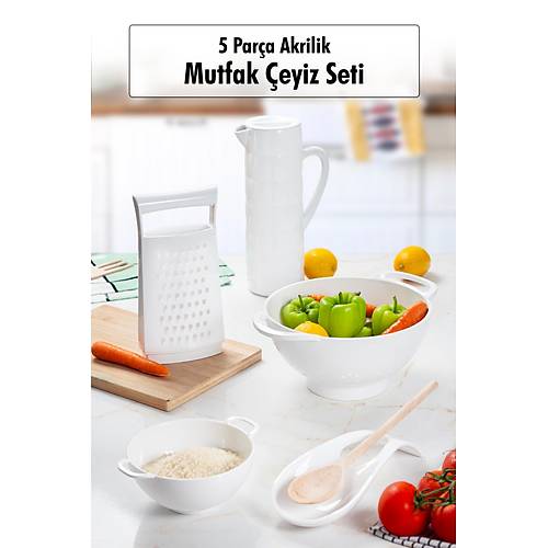 Akrilik Beyaz 5 Par�a S�rahi & Rende & S�zge� & Mini S�zge� & Ka��kl�k & Mutfak �eyiz Seti