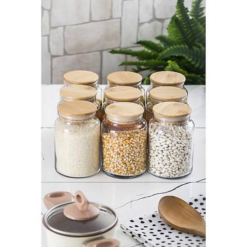 9 Lu Set Bambu Kapakl� Cam Kavanoz & Erzak Saklama Kab� 800 ml Orta Boy ( Vakum Kapak )