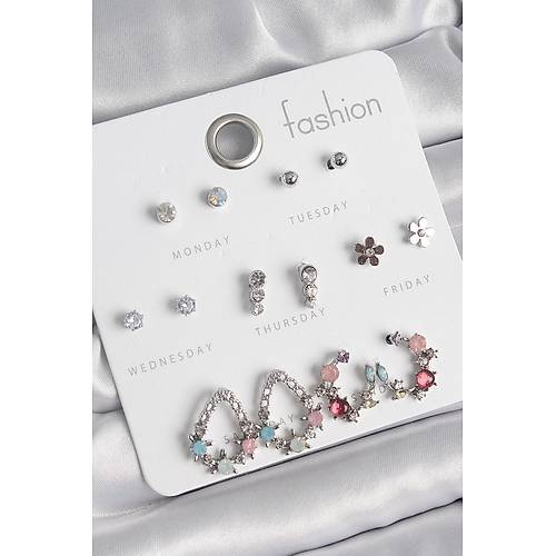 Pirin� G�m�� Renk Zirkon Ta�l� Damla Model �i�ek Detay 7 �ift Kad�n K�pe Seti