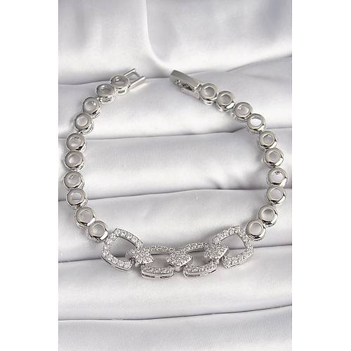 Pirin� G�m�� Renk Zirkon Ta�l� Daire Zincir Model Kad�n Bileklik