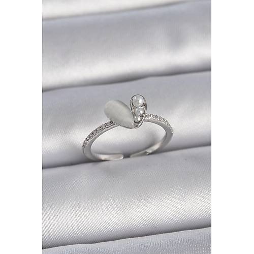 Pirin� G�m�� Renk Ayarlanabilir Zirkon Ta�l� �ncili Beyaz Mineli Kalp Model Kad�n Y�z�k