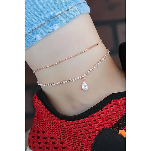 Zirkon Ta�l� Rose Renk �ift Zincirli Hal Hal