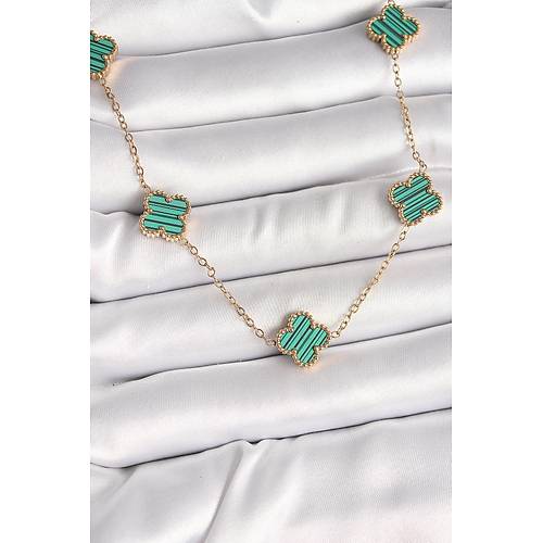 316L �elik Gold Renk Zincir Ye�il Yonca Model Kad�n Kolye