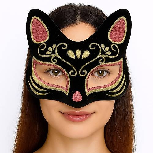 Siyah Renk S�et Kaplama �zeri K�rm�z� Sar� Simli Kedi Maskesi 17x14 cm
