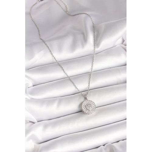 316L �elik G�m�� Renk Zincir Zirkon Ta�l� Kalp ��lemeli Madalyon Model Kad�n Kolye