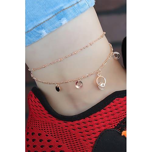 Kristal Ta�l� Halkal� Rose Renk �ift Zincirli Hal Hal