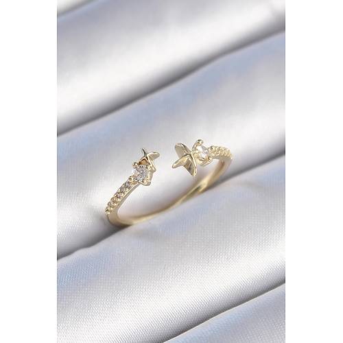 Pirin� Gold Renk Zirkon Ta� Detay Y�ld�z Model Kad�n Y�z�k