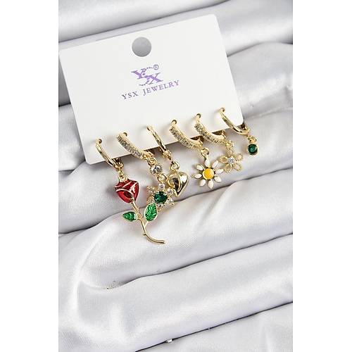 Pirin� Z�rkon Ta�l� G�l Ve Papatya Model Gold Renk 3'l� �ift Kad�n K�pe